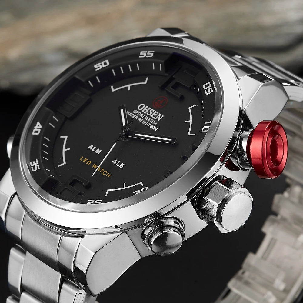 Fashion Sport Watch Men Digital Quartz LED Steel Strap Man Dual Time Watch 3ATM Waterproof Military Wristwatches Relogios