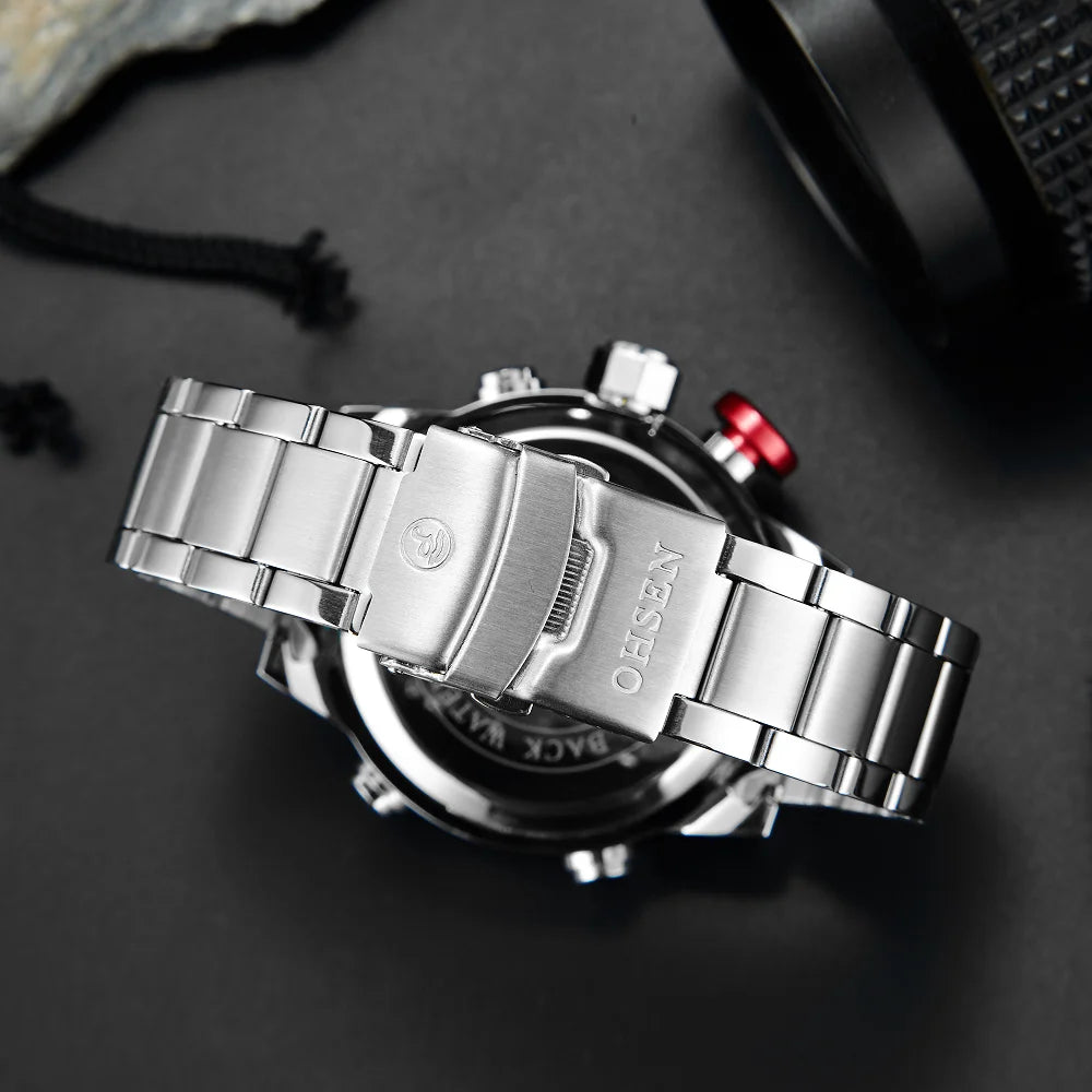 Fashion Sport Watch Men Digital Quartz LED Steel Strap Man Dual Time Watch 3ATM Waterproof Military Wristwatches Relogios