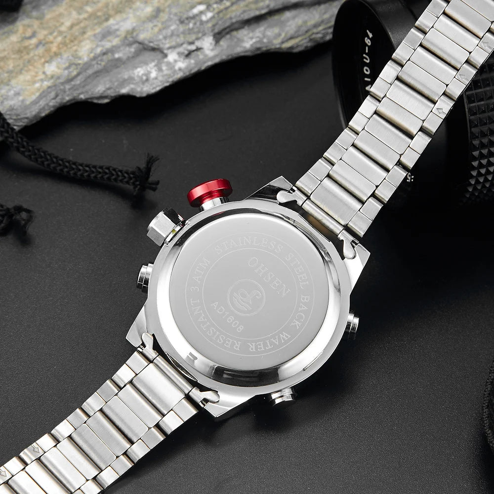 Fashion Sport Watch Men Digital Quartz LED Steel Strap Man Dual Time Watch 3ATM Waterproof Military Wristwatches Relogios