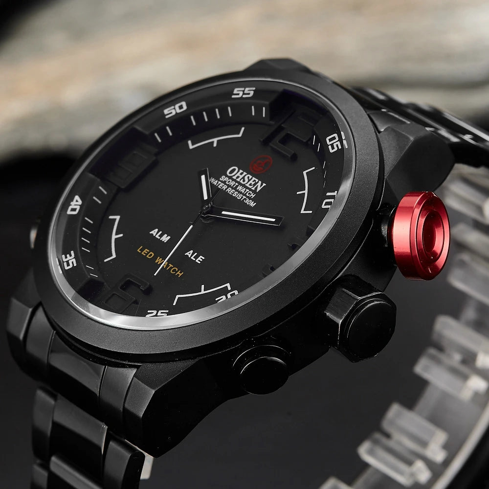 Fashion Sport Watch Men Digital Quartz LED Steel Strap Man Dual Time Watch 3ATM Waterproof Military Wristwatches Relogios