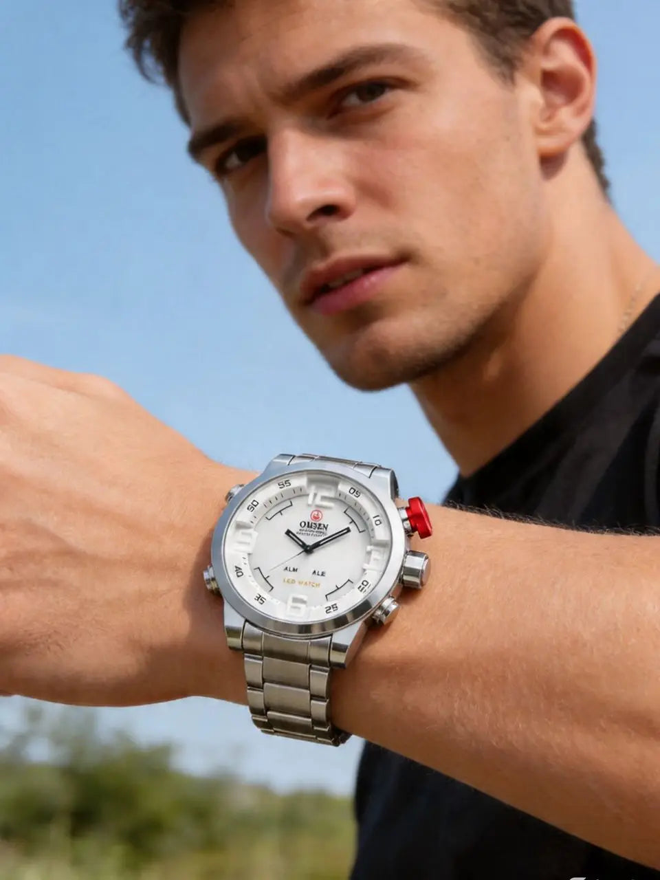 Fashion Sport Watch Men Digital Quartz LED Steel Strap Man Dual Time Watch 3ATM Waterproof Military Wristwatches Relogios