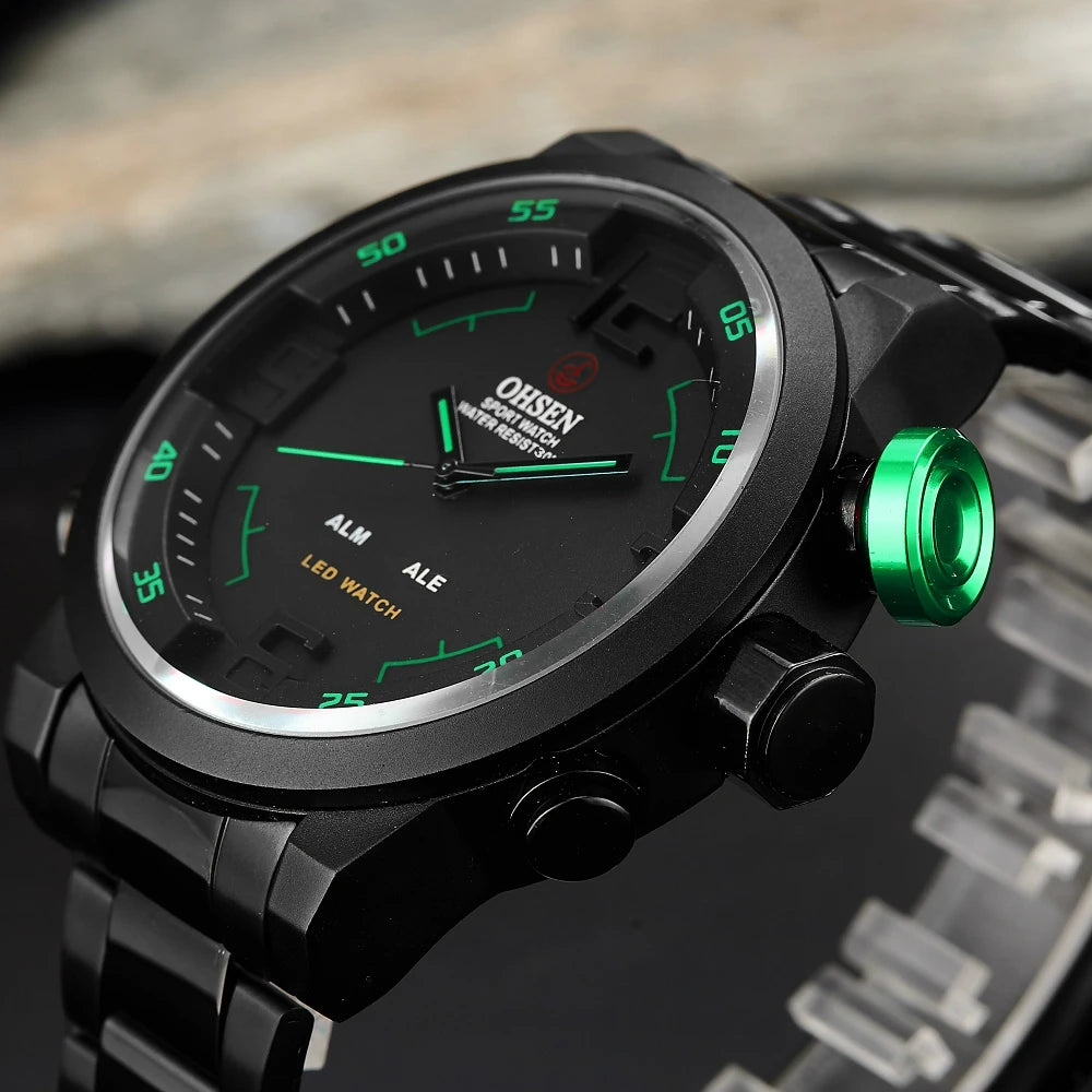 Fashion Sport Watch Men Digital Quartz LED Steel Strap Man Dual Time Watch 3ATM Waterproof Military Wristwatches Relogios