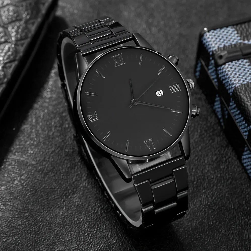 4-piece/set men's black minimalist quartz watch set with bracelet, necklace, and ring -