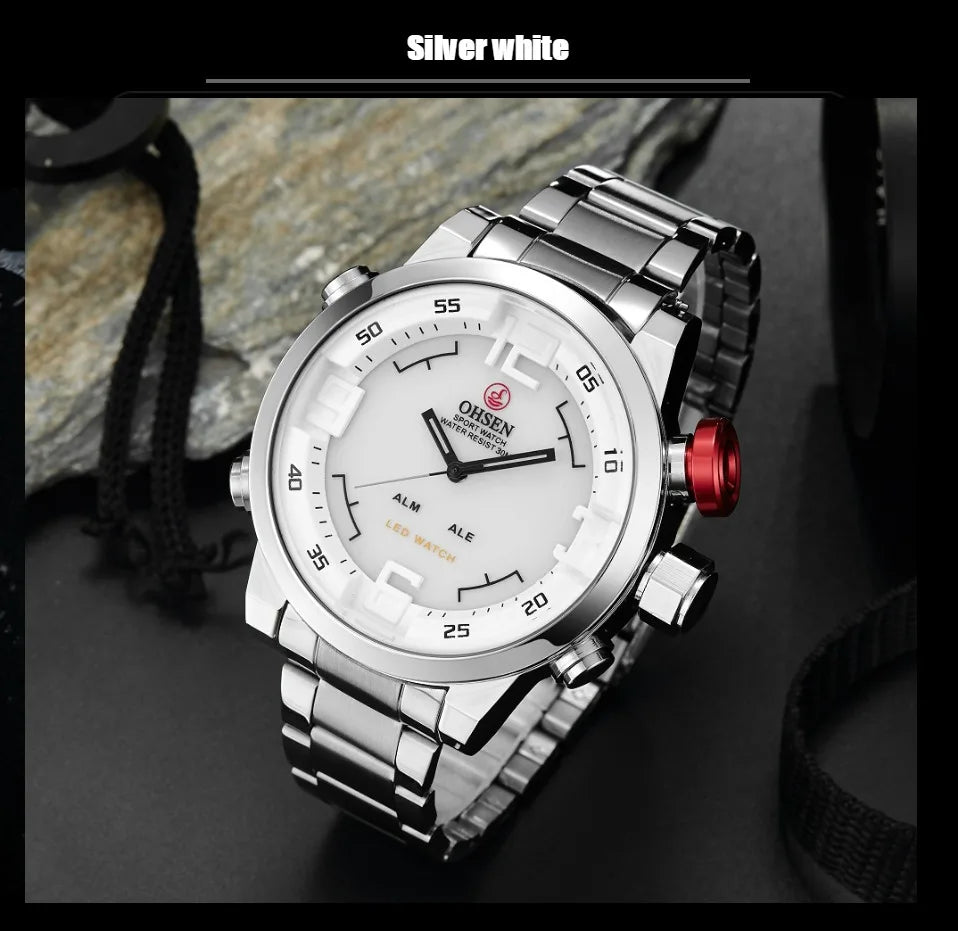 Fashion Sport Watch Men Digital Quartz LED Steel Strap Man Dual Time Watch 3ATM Waterproof Military Wristwatches Relogios