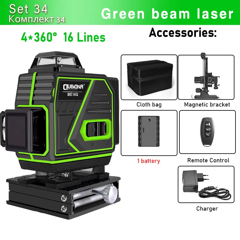 CLUBIONA 16/12 lines Self-leveling Remote Control Outdoor Mode - Receiver Auto 3x360 Green beam Line Laser Level