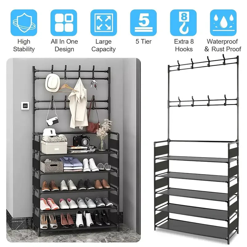 2025 New Shoe Rack With Hanging Hooks Space Saving Storage Organizer For Shoes Coats Hats Closet Clothes Hanger Home Shoes Shelf