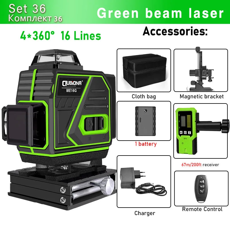 CLUBIONA 16/12 lines Self-leveling Remote Control Outdoor Mode - Receiver Auto 3x360 Green beam Line Laser Level