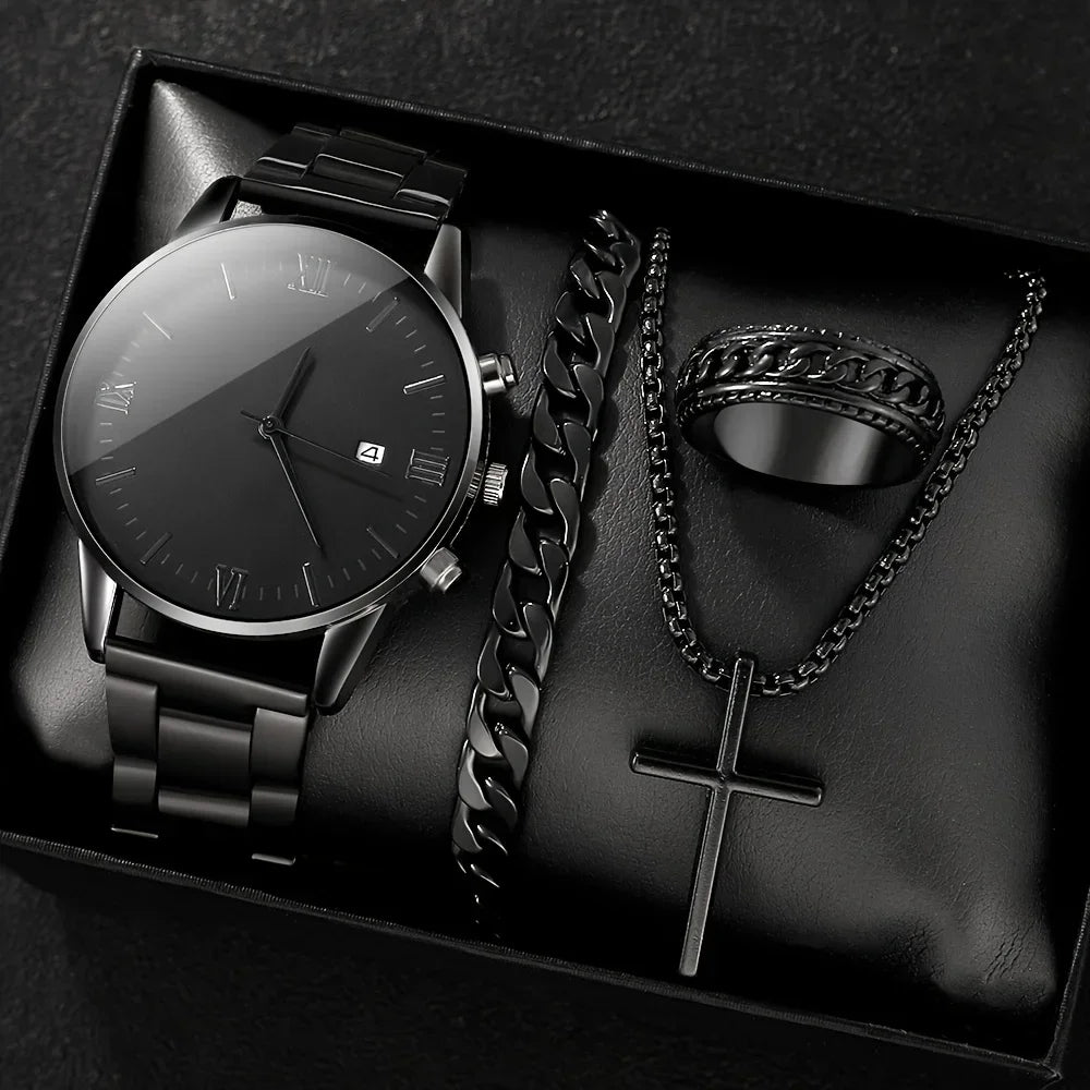 4-piece/set men's black minimalist quartz watch set with bracelet, necklace, and ring -