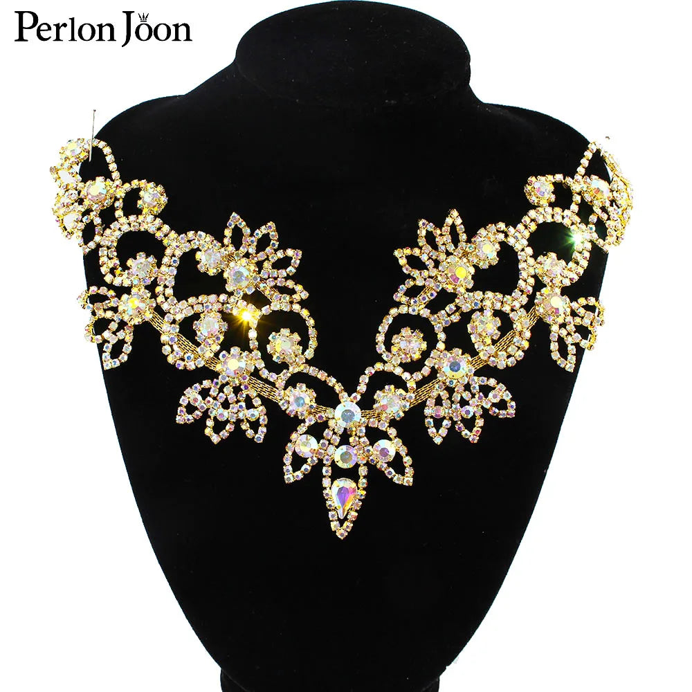 6*4.2in  Ab Crystal collar Rhinestone sew-on necklace adornment for Wedding Dress Skirt Flashing  Clothing Accessories YL012