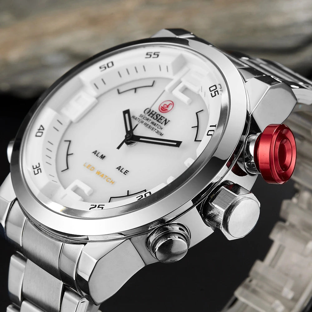 Fashion Sport Watch Men Digital Quartz LED Steel Strap Man Dual Time Watch 3ATM Waterproof Military Wristwatches Relogios