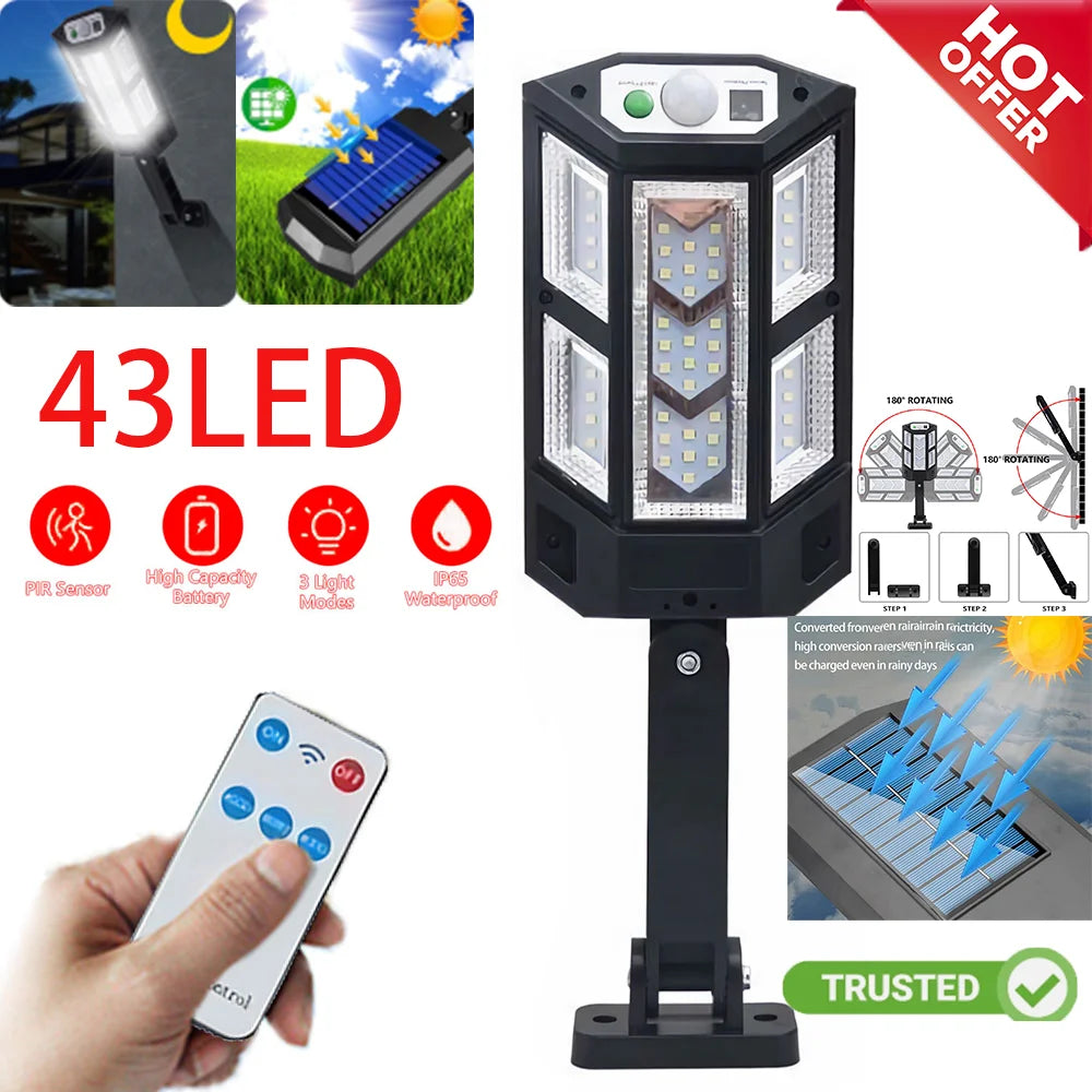 IP65 Solar Lights Outdoor 43LED Street Lamp  Security Lighting for Garden Path Yard Button+Remote control Solar power supply
