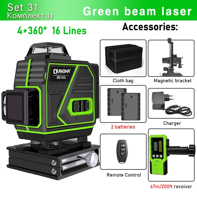 CLUBIONA 16/12 lines Self-leveling Remote Control Outdoor Mode - Receiver Auto 3x360 Green beam Line Laser Level