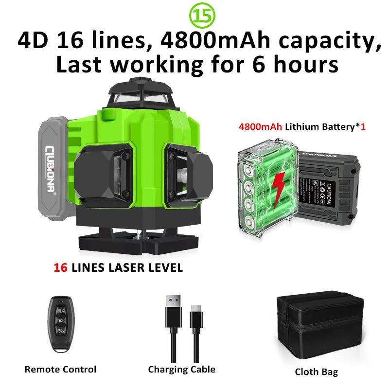 CLUBIONA 16/12 lines Self-leveling Remote Control Outdoor Mode - Receiver Auto 3x360 Green beam Line Laser Level