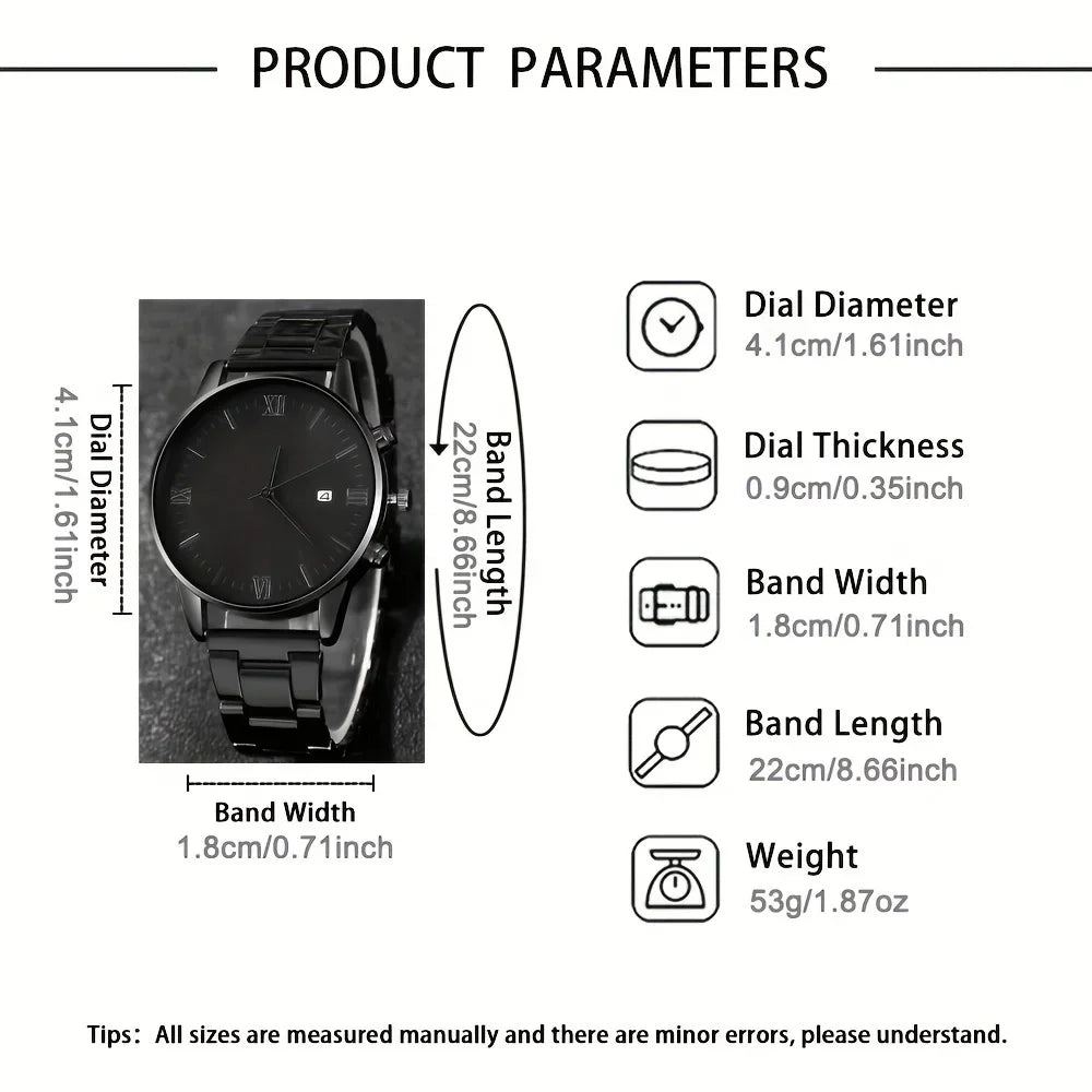 4-piece/set men's black minimalist quartz watch set with bracelet, necklace, and ring -