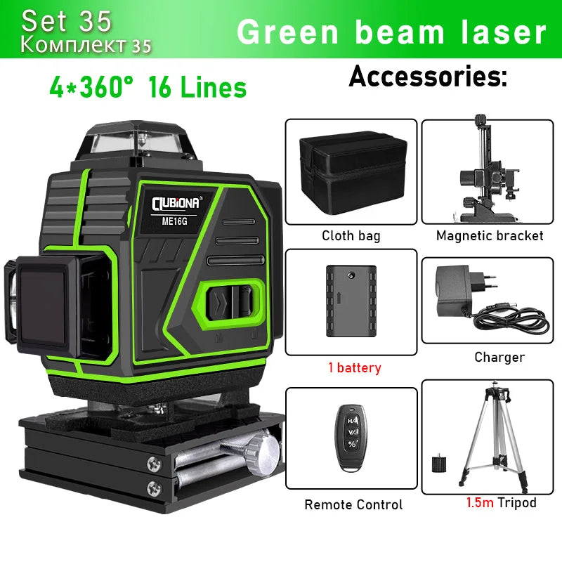 CLUBIONA 16/12 lines Self-leveling Remote Control Outdoor Mode - Receiver Auto 3x360 Green beam Line Laser Level