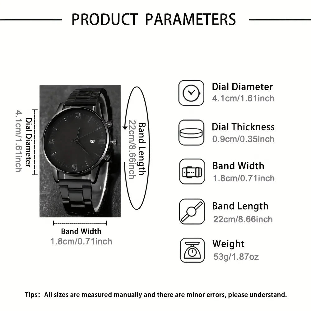 4-piece/set men's black minimalist quartz watch set with bracelet, necklace, and ring -