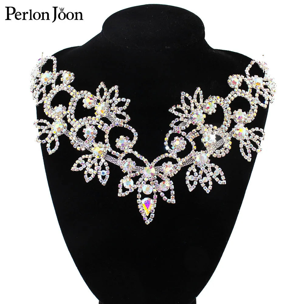6*4.2in  Ab Crystal collar Rhinestone sew-on necklace adornment for Wedding Dress Skirt Flashing  Clothing Accessories YL012